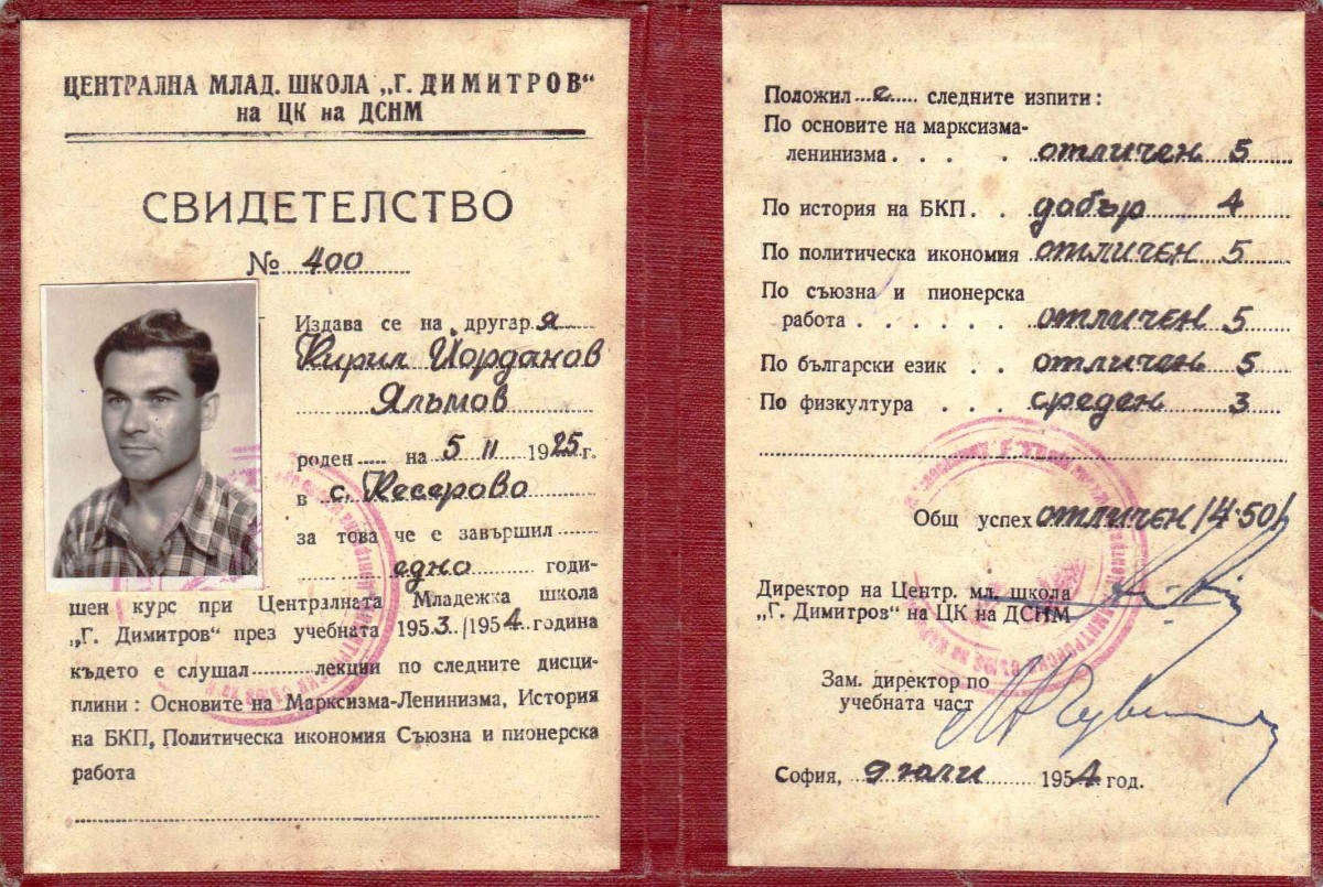Свидетелство № 400 на Кирил Йорданов Ялъмов, 1954 г.